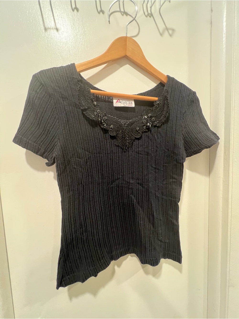 Angel Black Ribbed Short Sleeve Tee with Beaded Lace V-Neck